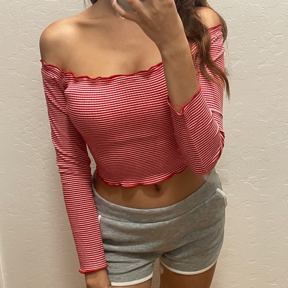 Tiger mist off shoulder striped crop top